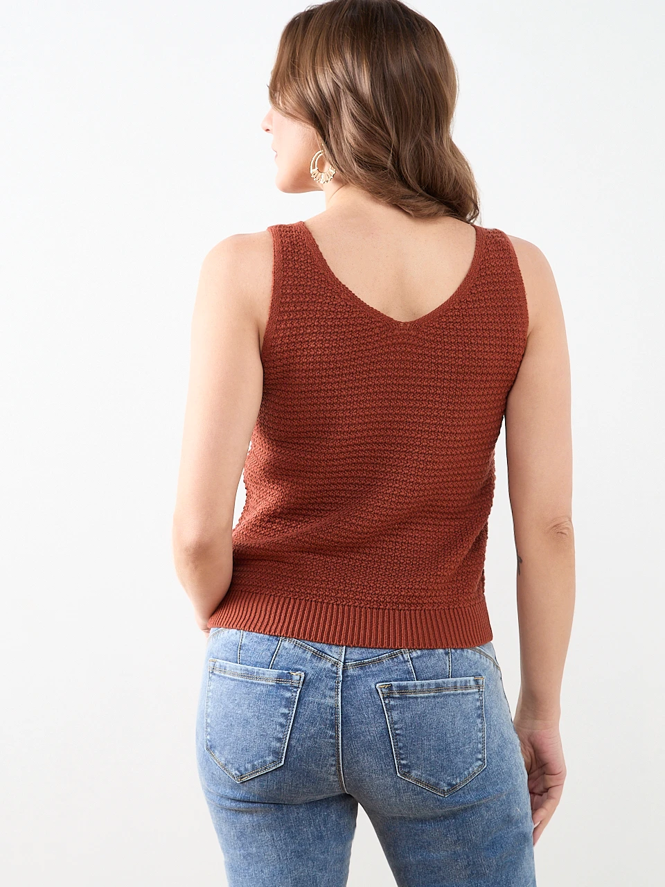 Sleeveless Textured V-Neck Sweater in Terracotta