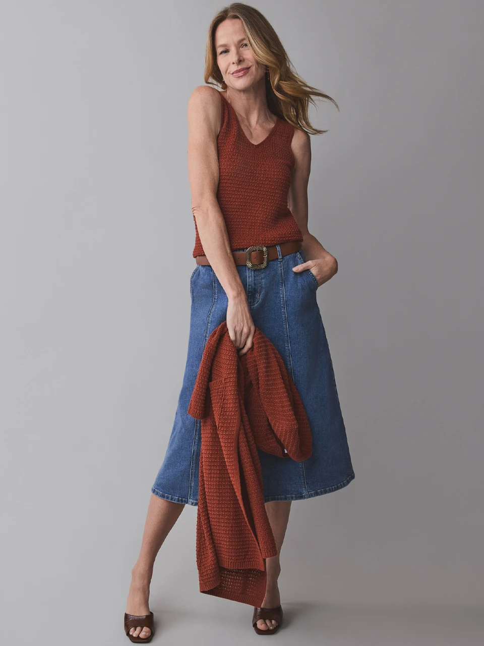 Sleeveless Textured V-Neck Sweater in Terracotta