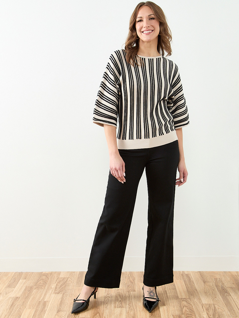 3/4 Kimono Sleeve Boat Neck Sweater in Stone/Black Stripe