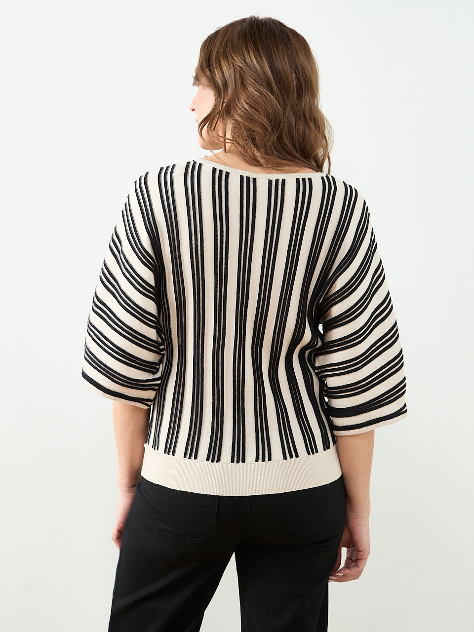 3/4 Kimono Sleeve Boat Neck Sweater in Stone/Black Stripe