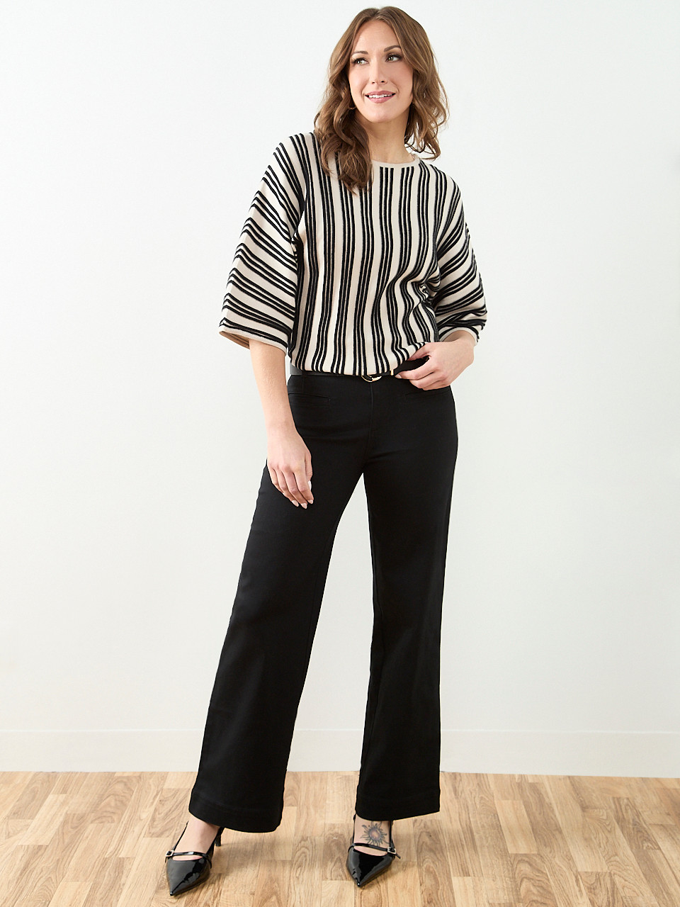 3/4 Kimono Sleeve Boat Neck Sweater in Stone/Black Stripe