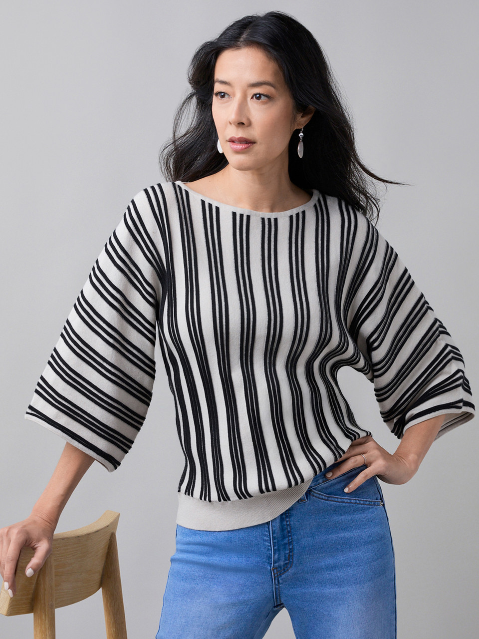 3/4 Kimono Sleeve Boat Neck Sweater in Stone/Black Stripe