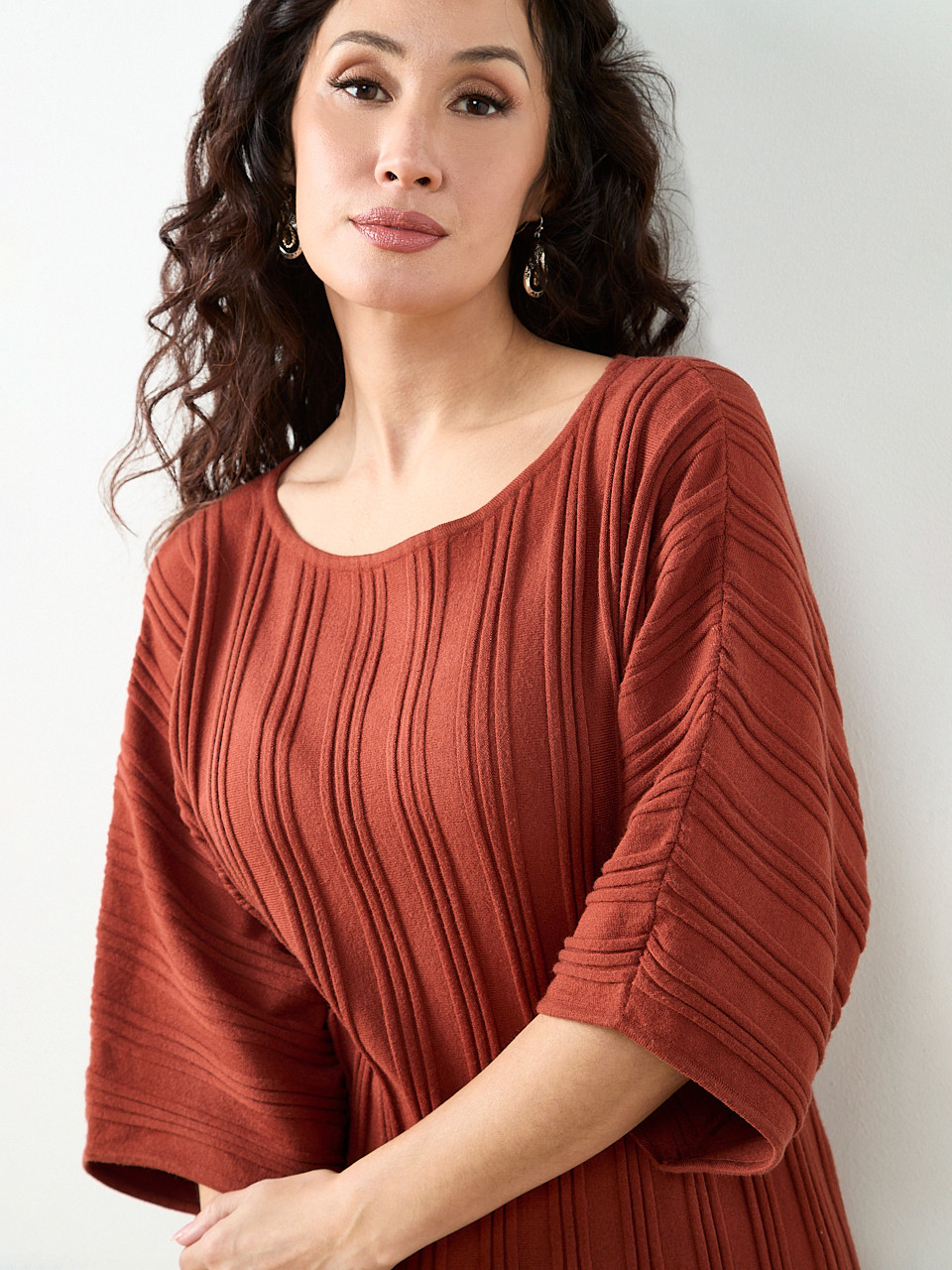 Petite 3/4 Kimono Sleeve Boat Neck Sweater in Terracotta