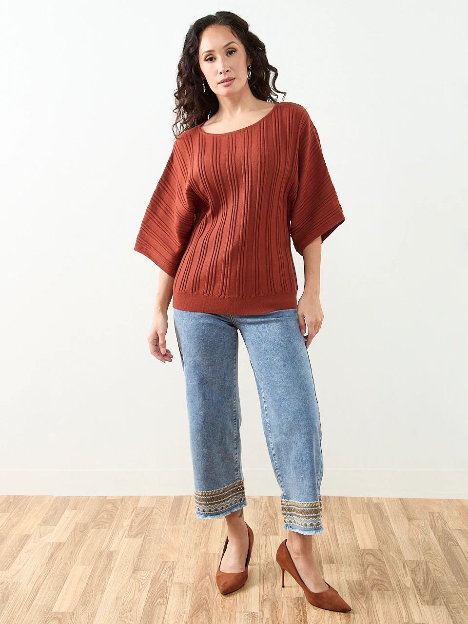 Petite 3/4 Kimono Sleeve Boat Neck Sweater in Terracotta