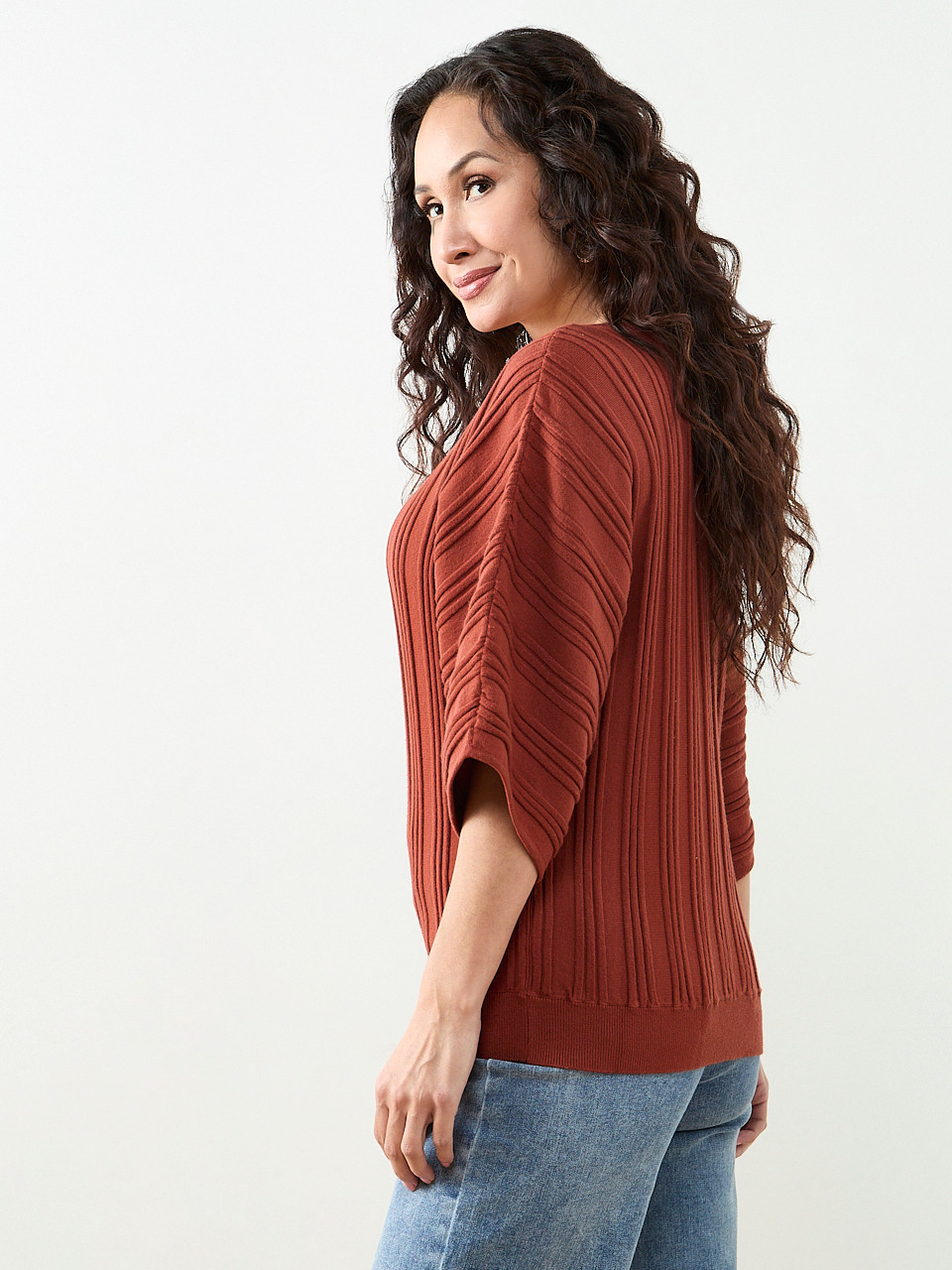 Petite 3/4 Kimono Sleeve Boat Neck Sweater in Terracotta