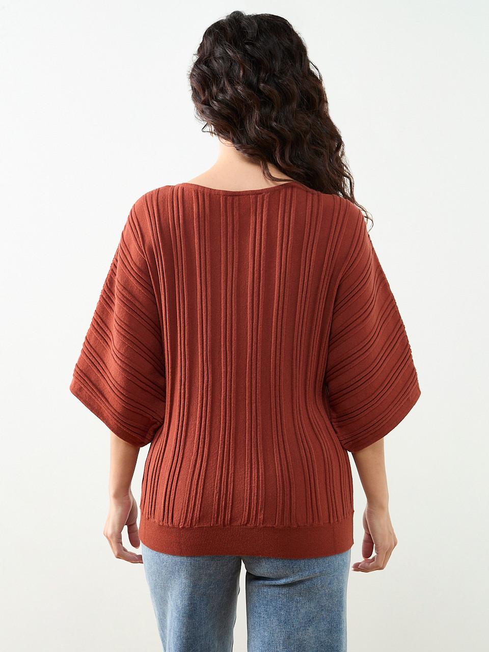 Petite 3/4 Kimono Sleeve Boat Neck Sweater in Terracotta
