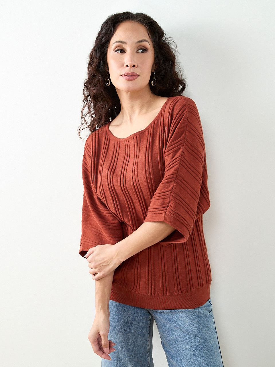 Petite 3/4 Kimono Sleeve Boat Neck Sweater in Terracotta