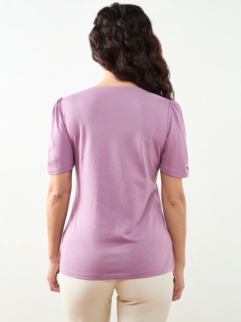 Petite Ruched Elbow Sleeve Scoop Neck Tee in Dusty Purple