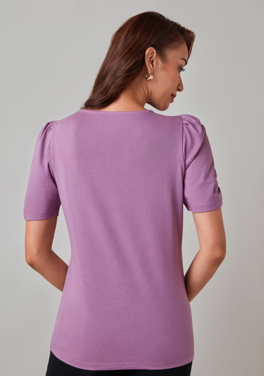 Petite Ruched Elbow Sleeve Scoop Neck Tee in Dusty Purple