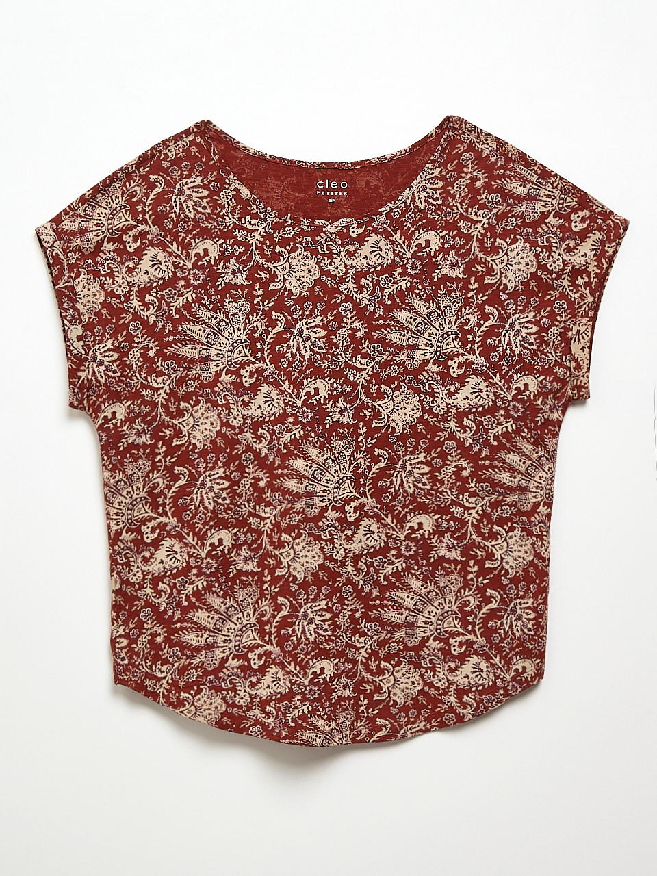 Petite Short Cuffed Sleeve Slub Boat Neck Tee in Terracotta Paisley