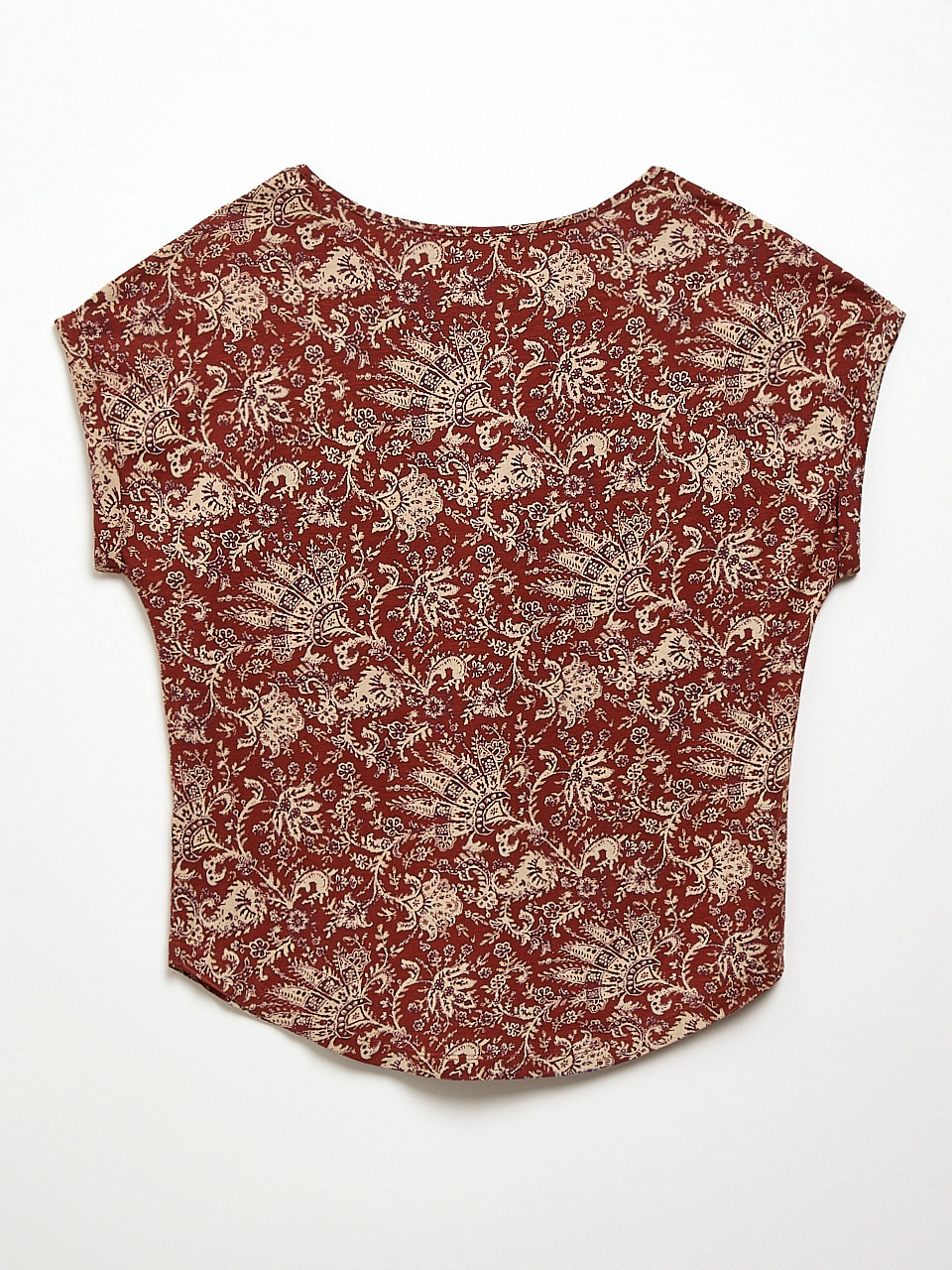 Petite Short Cuffed Sleeve Slub Boat Neck Tee in Terracotta Paisley