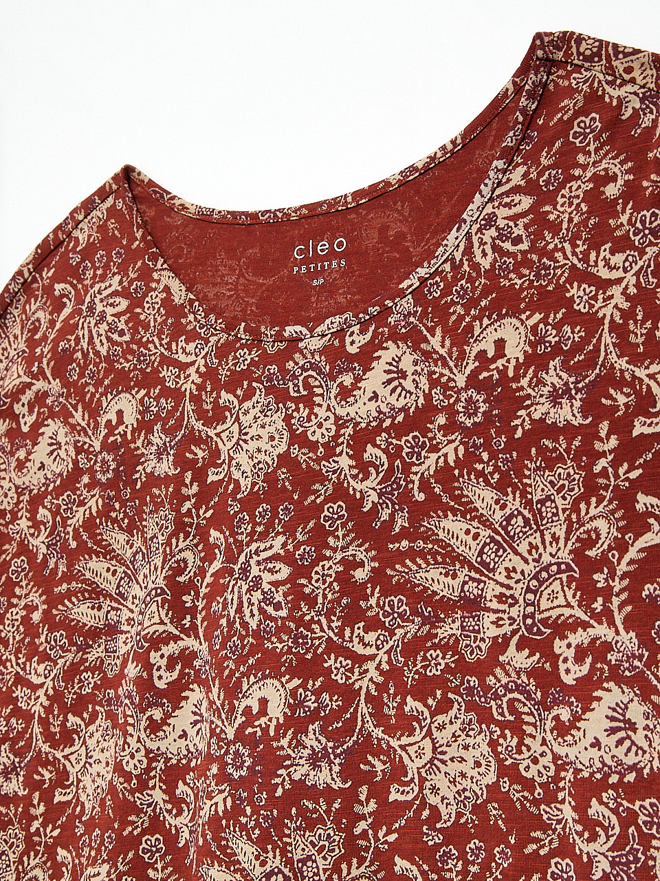Petite Short Cuffed Sleeve Slub Boat Neck Tee in Terracotta Paisley