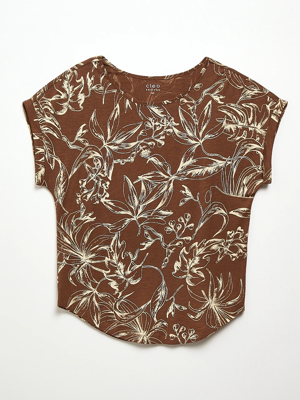 Petite Short Cuffed Sleeve Slub Boat Neck Tee in Tobacco Sketch
