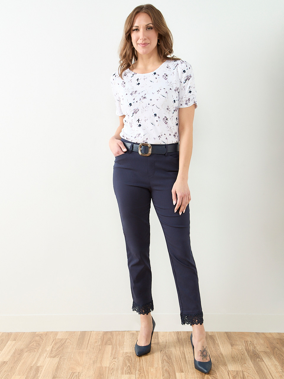 Emily Embroidered Microtwill Ankle Pant in Navy