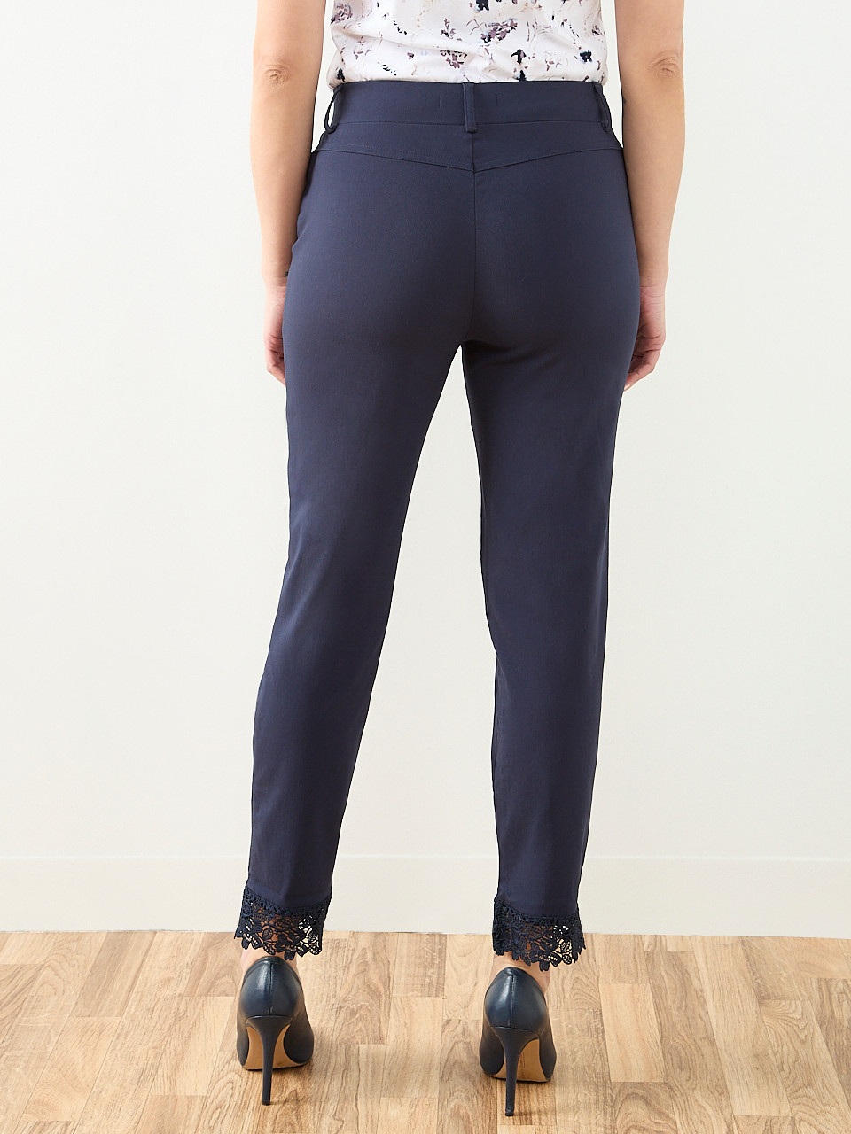 Emily Embroidered Microtwill Ankle Pant in Navy