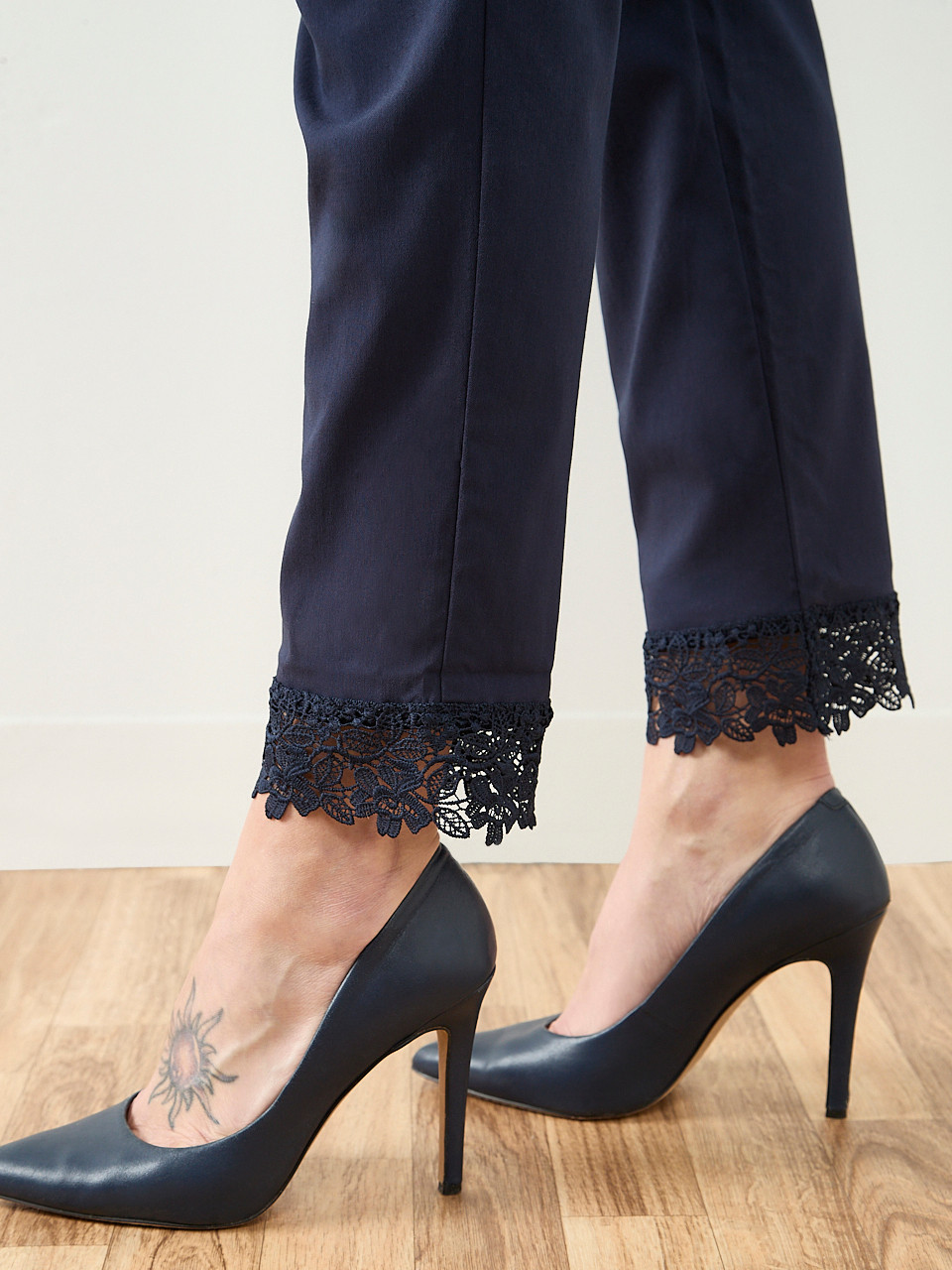 Emily Embroidered Microtwill Ankle Pant in Navy