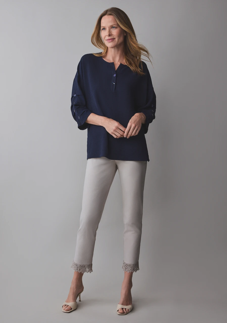 Emily Embroidered Microtwill Ankle Pant in Stone