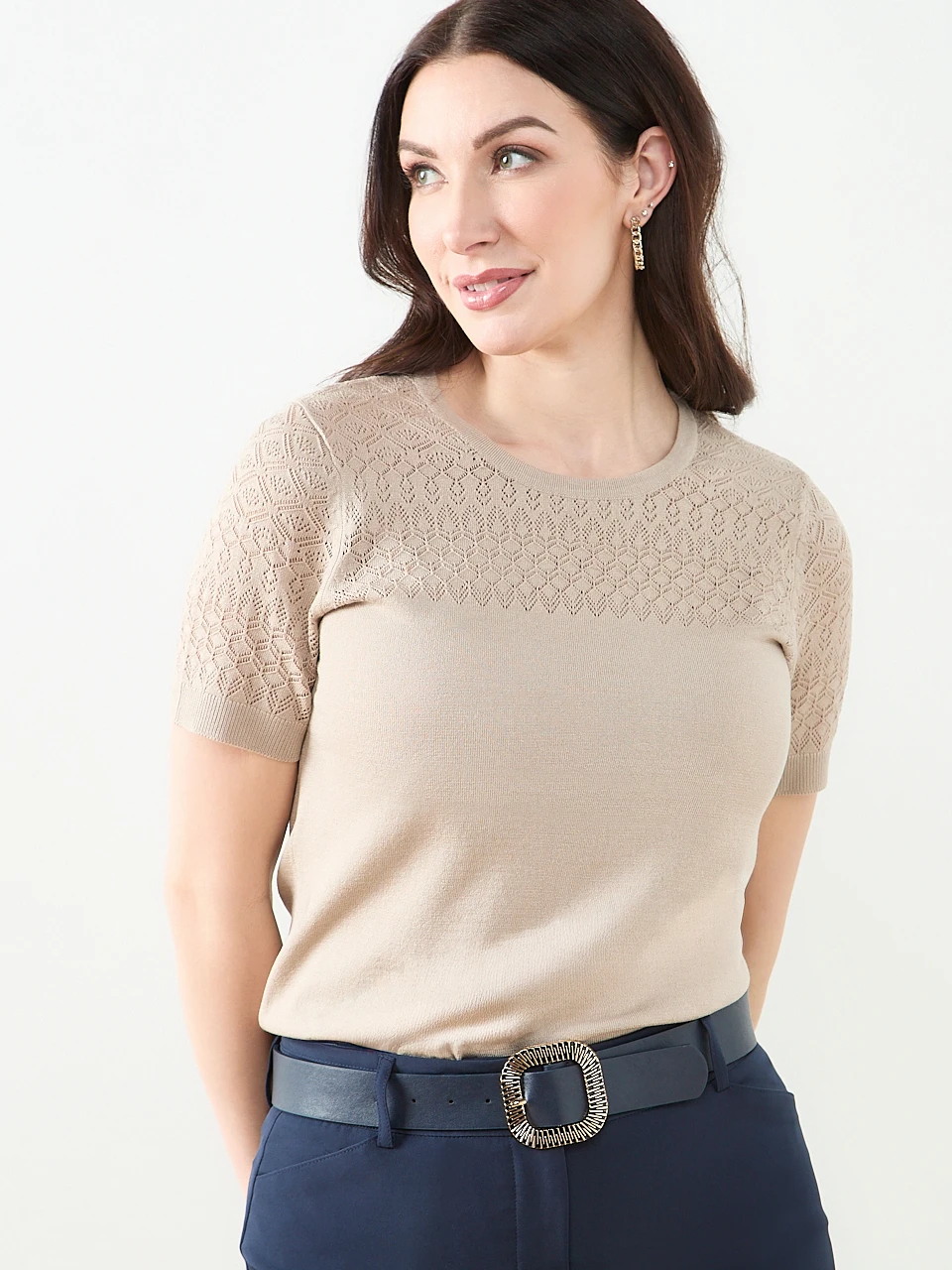Short Sleeve Pointelle Sweater in Mushroom