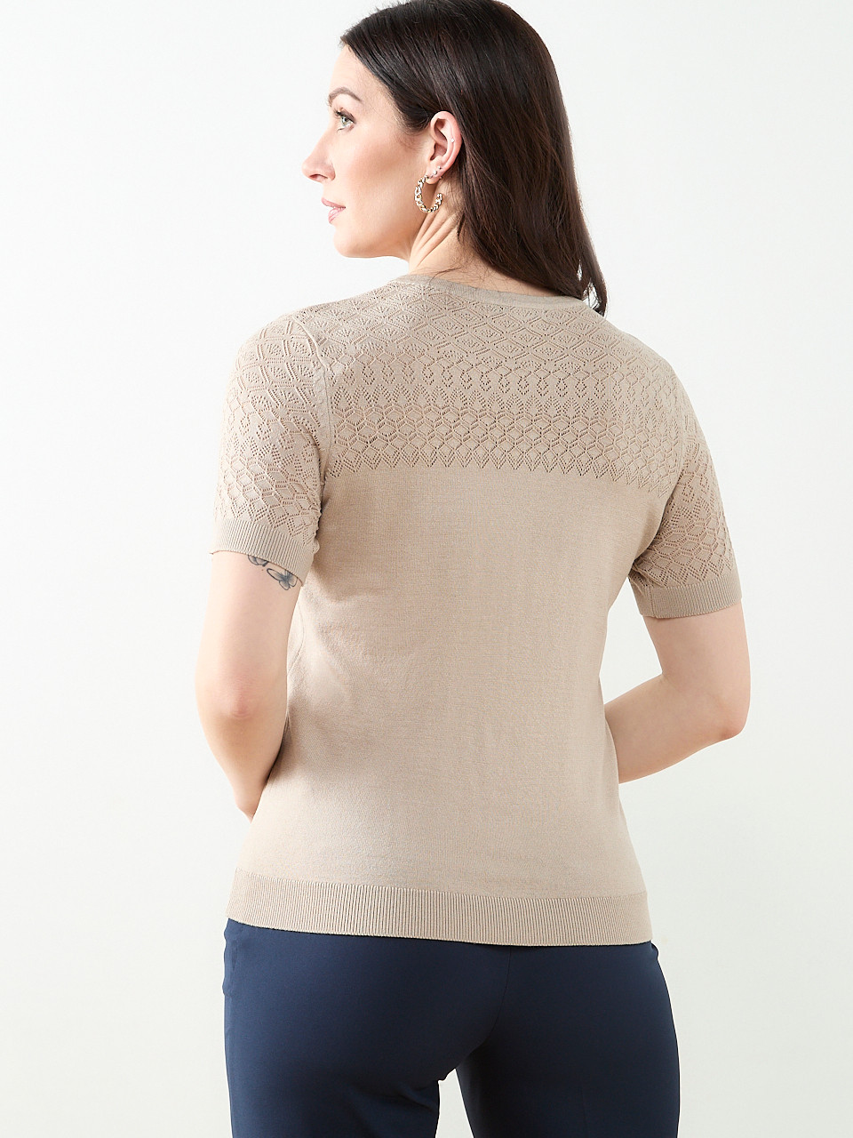 Short Sleeve Pointelle Sweater in Mushroom