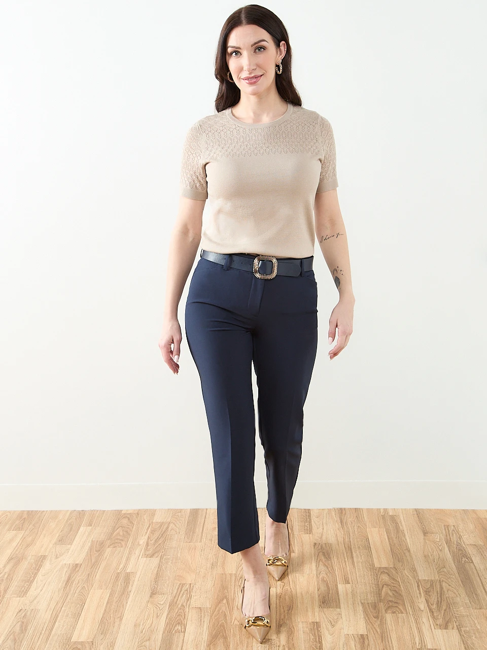 Short Sleeve Pointelle Sweater in Mushroom