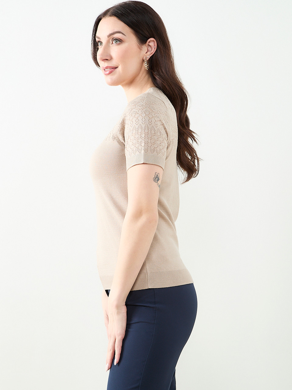 Short Sleeve Pointelle Sweater in Mushroom