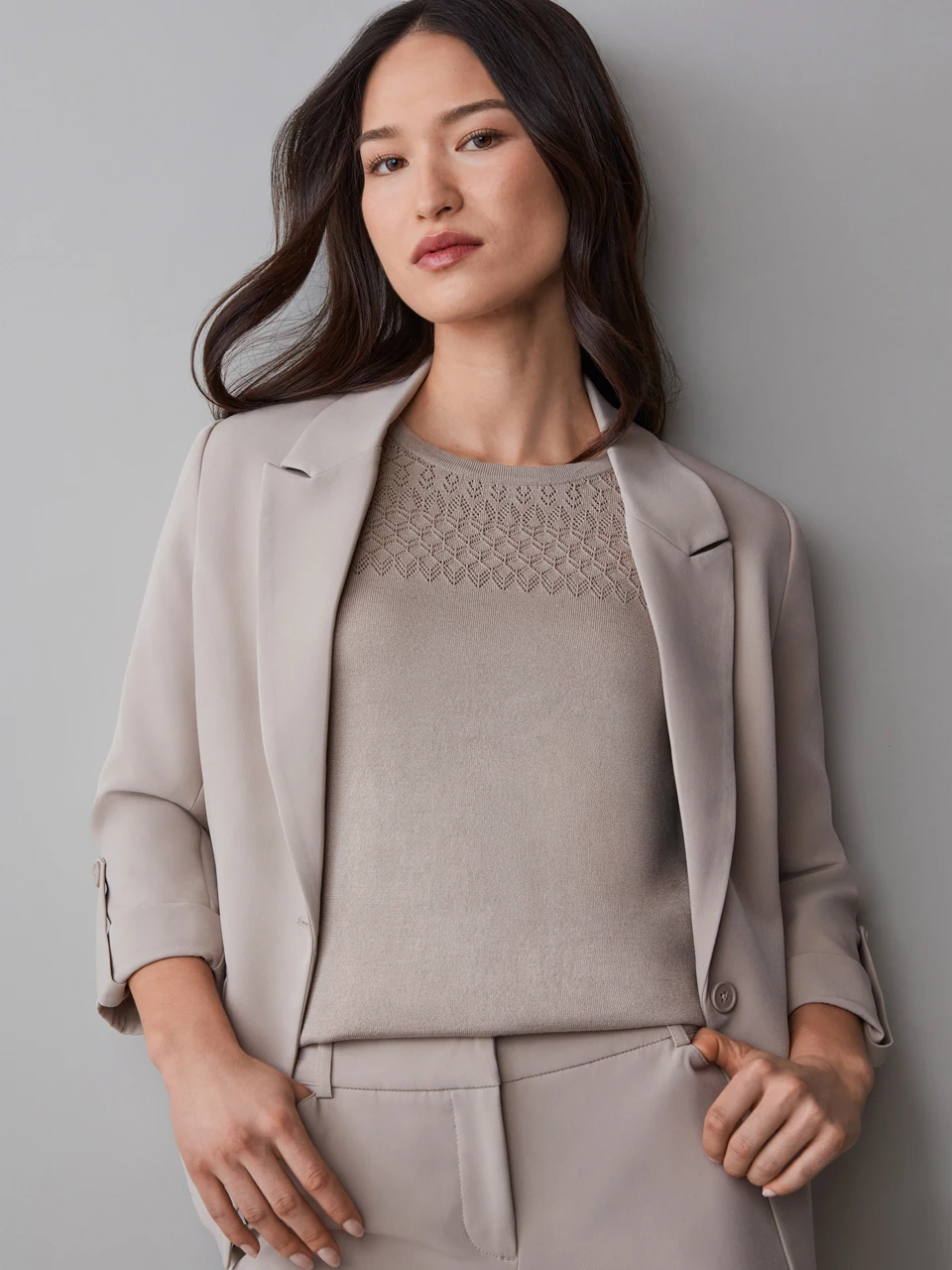 Short Sleeve Pointelle Sweater in Mushroom