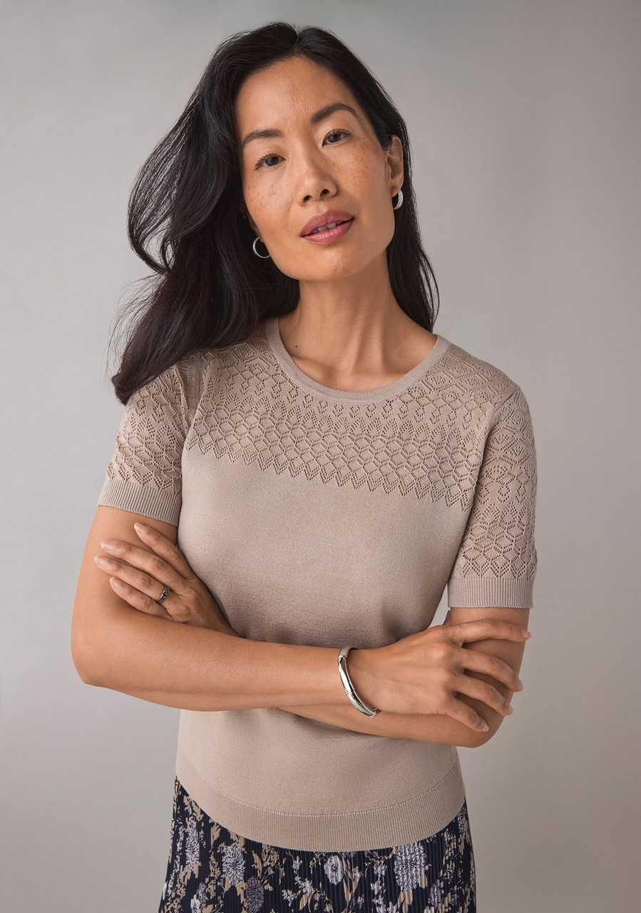 Short Sleeve Pointelle Sweater in Mushroom