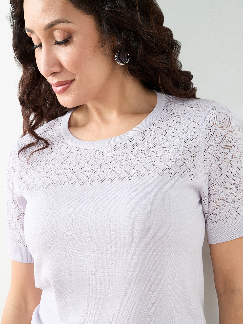 Petite Short Sleeve Pointelle Sweater in Lavender