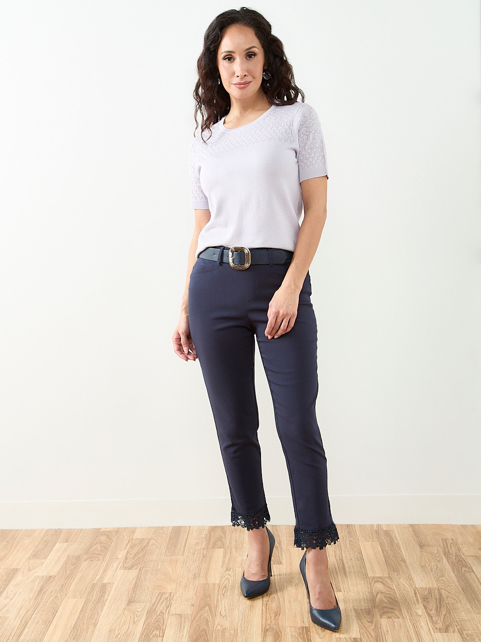 Petite Short Sleeve Pointelle Sweater in Lavender