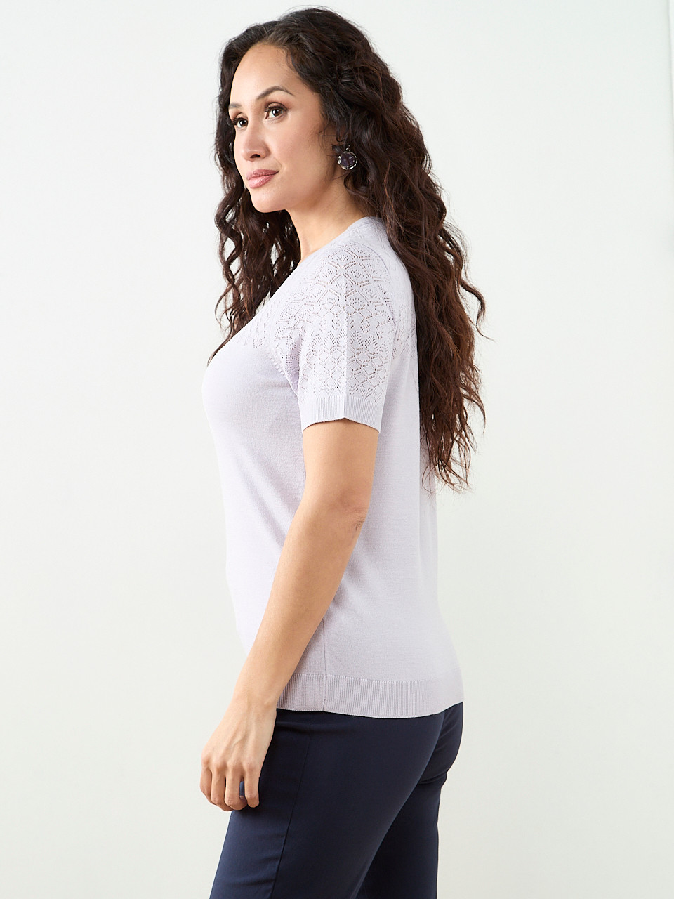 Petite Short Sleeve Pointelle Sweater in Lavender