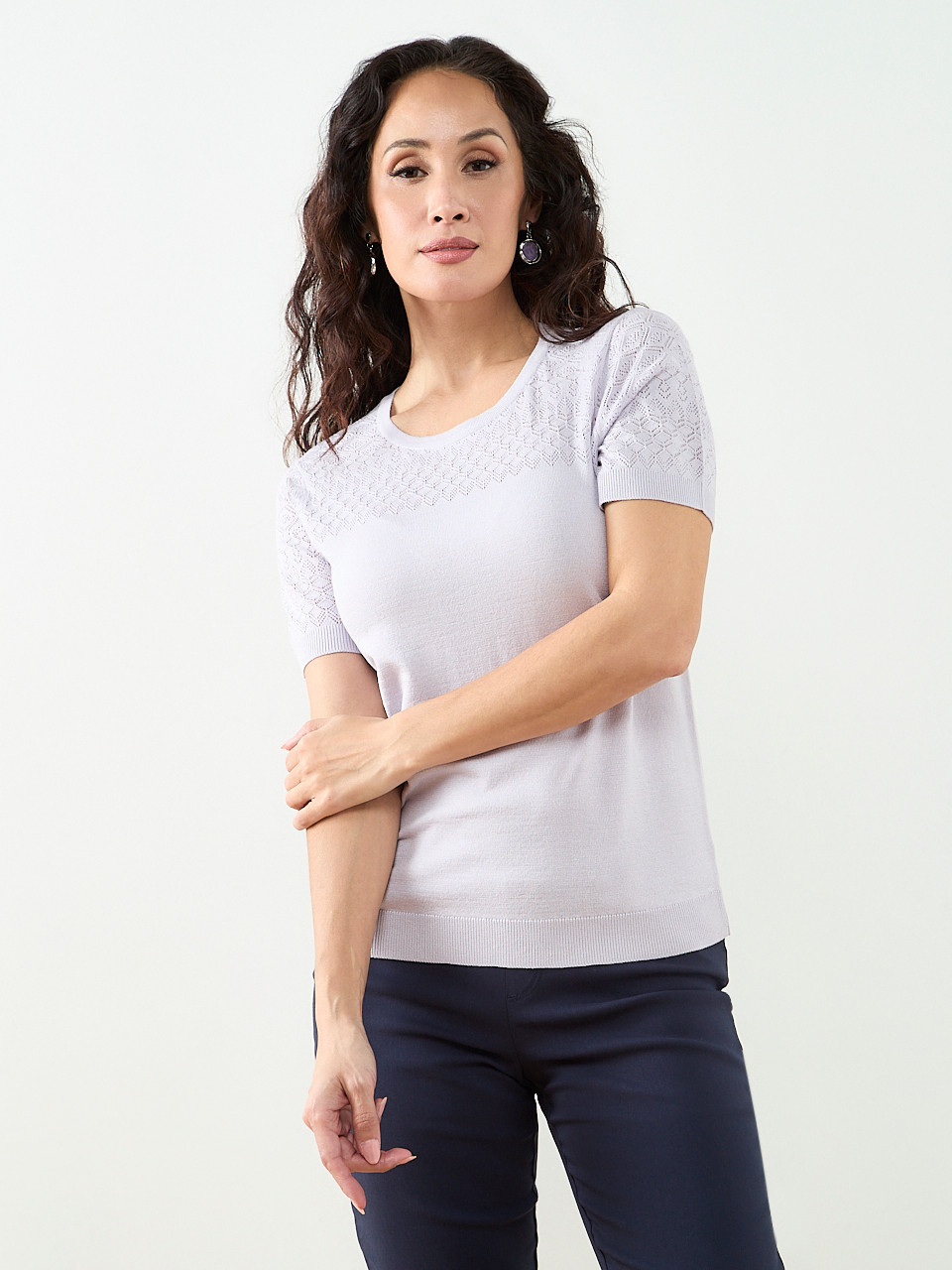 Petite Short Sleeve Pointelle Sweater in Lavender