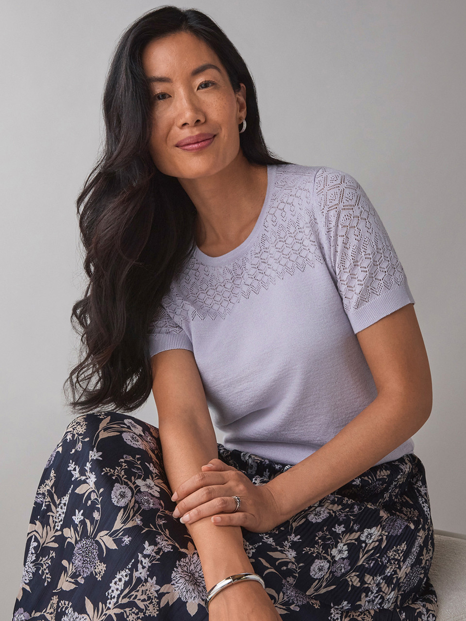 Petite Short Sleeve Pointelle Sweater in Lavender
