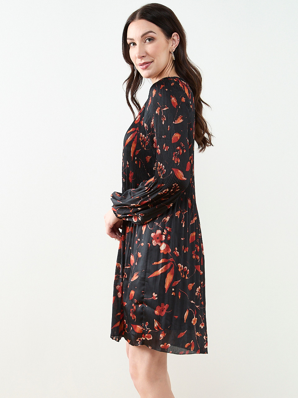Plisse Long Sleeve Dress in Black Floral
