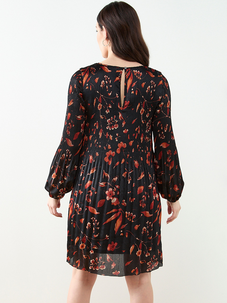 Plisse Long Sleeve Dress in Black Floral