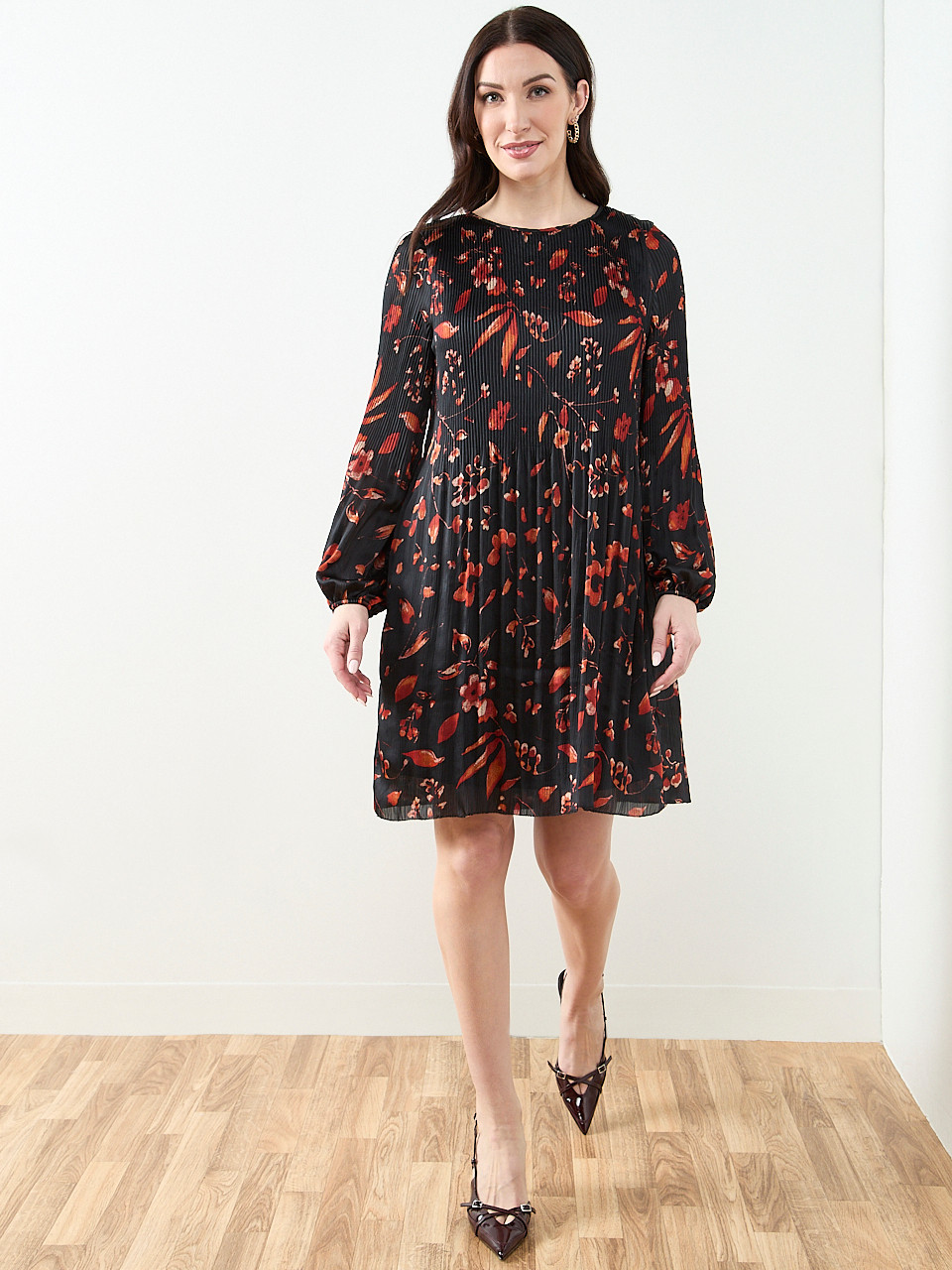 Plisse Long Sleeve Dress in Black Floral