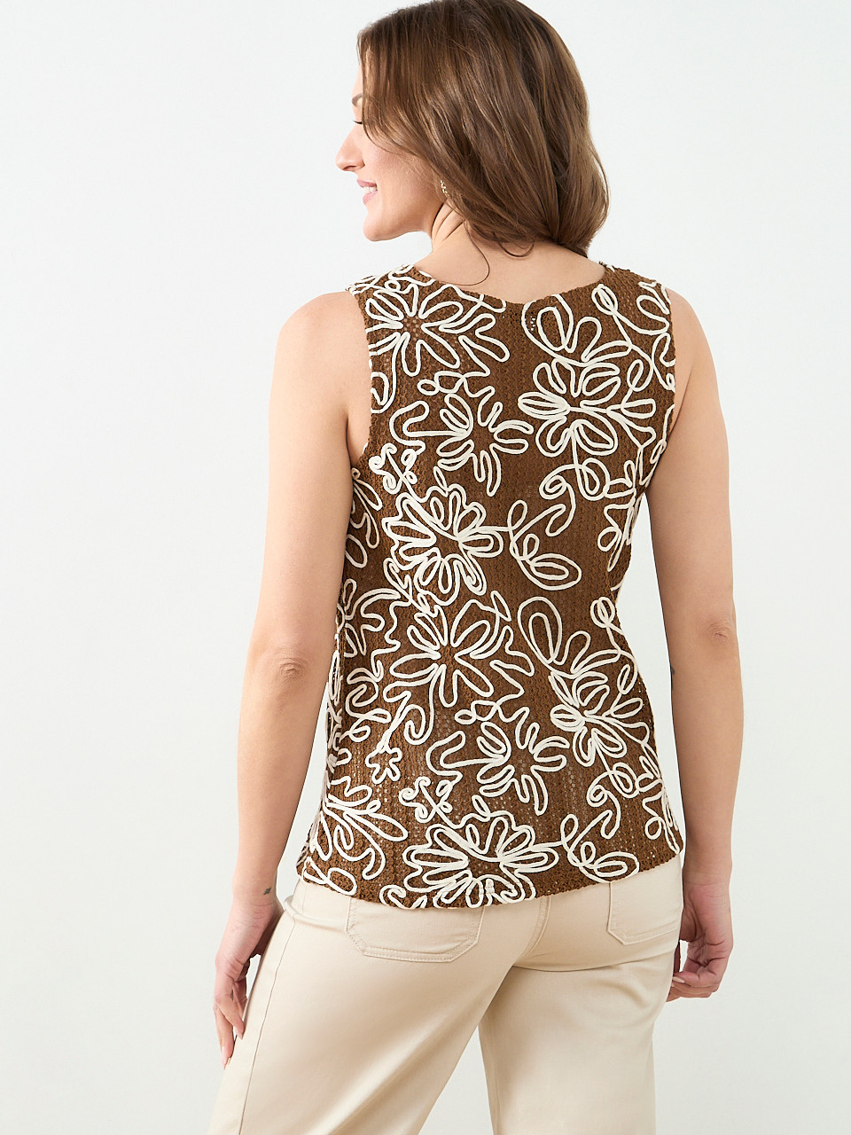 Sleeveless Floral Applique Top in Tobacco