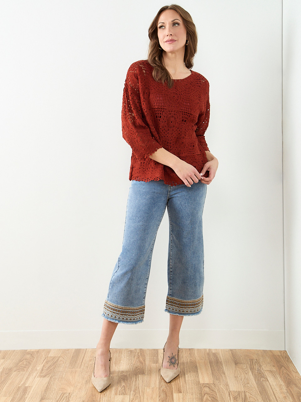 Long Sleeve Crochet Top in Terracotta | Cleo