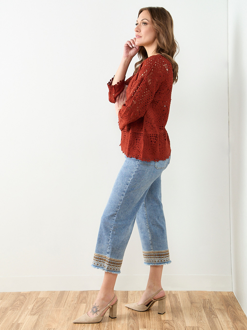 Long Sleeve Crochet Top in Terracotta