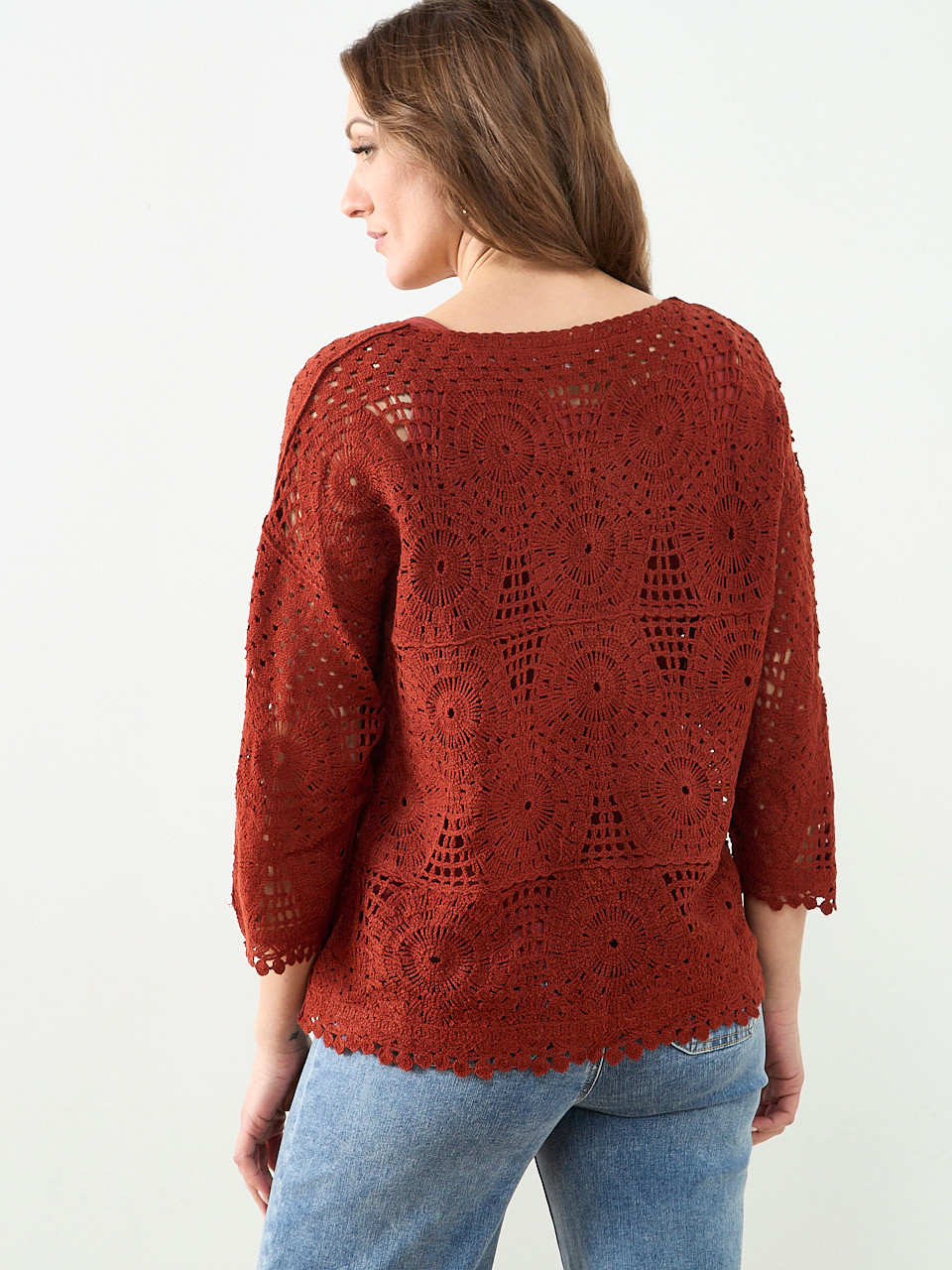 Long Sleeve Crochet Top in Terracotta