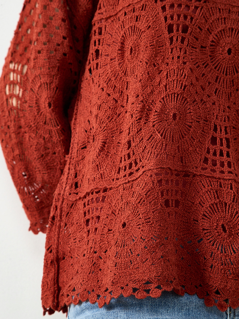 Long Sleeve Crochet Top in Terracotta