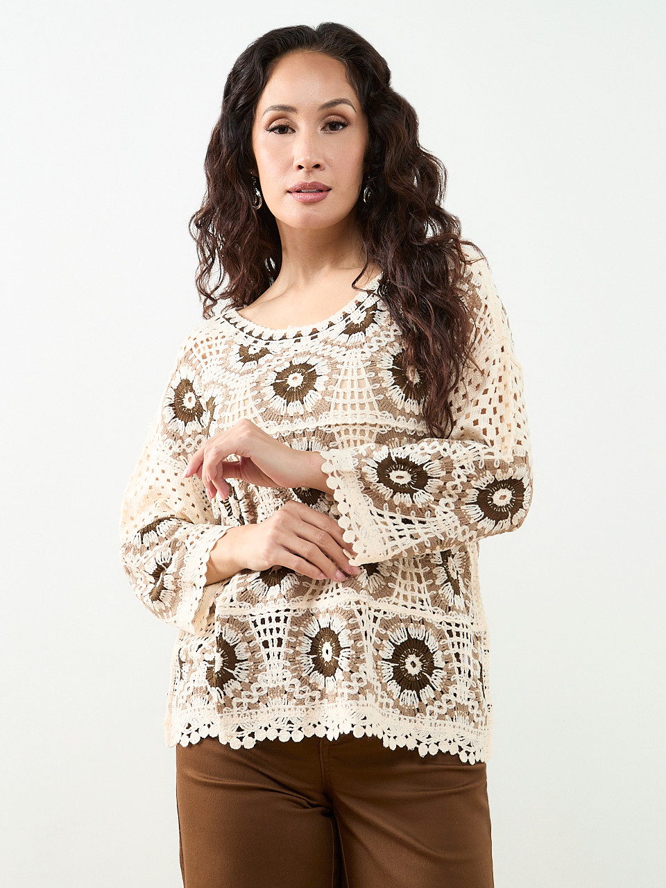 Petite Long Sleeve Crochet Top in Stone