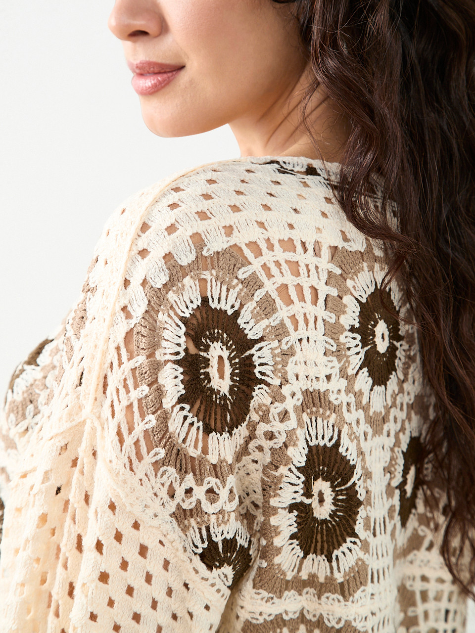 Petite Long Sleeve Crochet Top in Stone