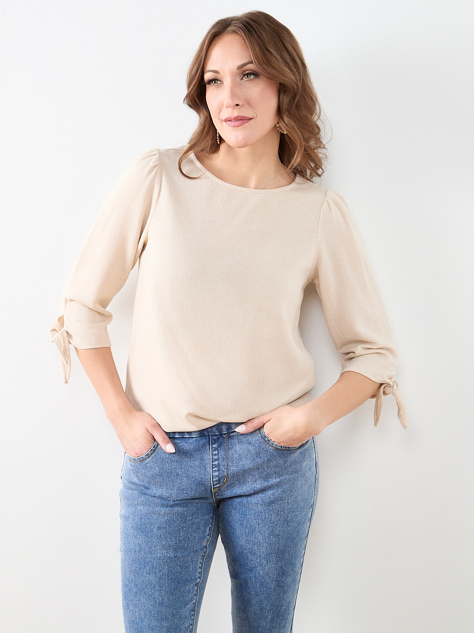 3/4 Tie Sleeve Round Neck Textured Top in Stone