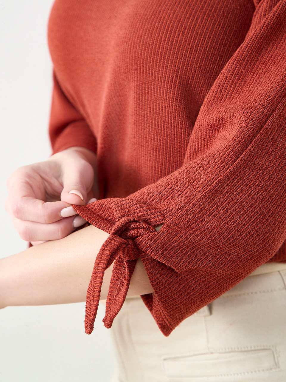 3/4 Tie Sleeve Round Neck Textured Top in Terracotta