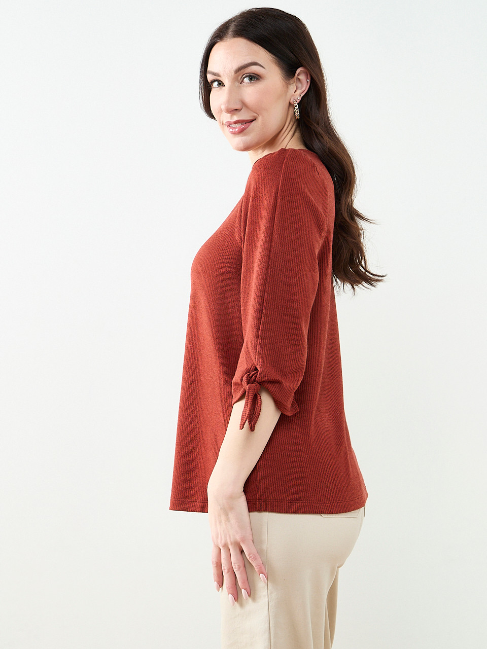 3/4 Tie Sleeve Round Neck Textured Top in Terracotta