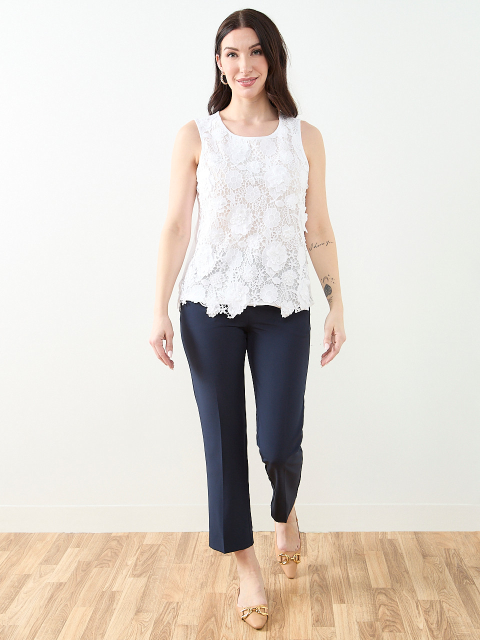 Sleeveless 3D Floral Mixed Media Top in White