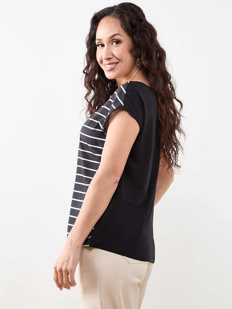 Petite Cap Sleeve Mixed Media Hardware Top in Stripe | Cleo