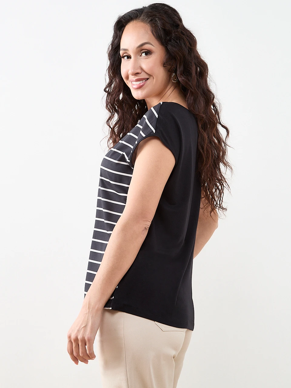 Petite Cap Sleeve Mixed Media Hardware Top in Stripe