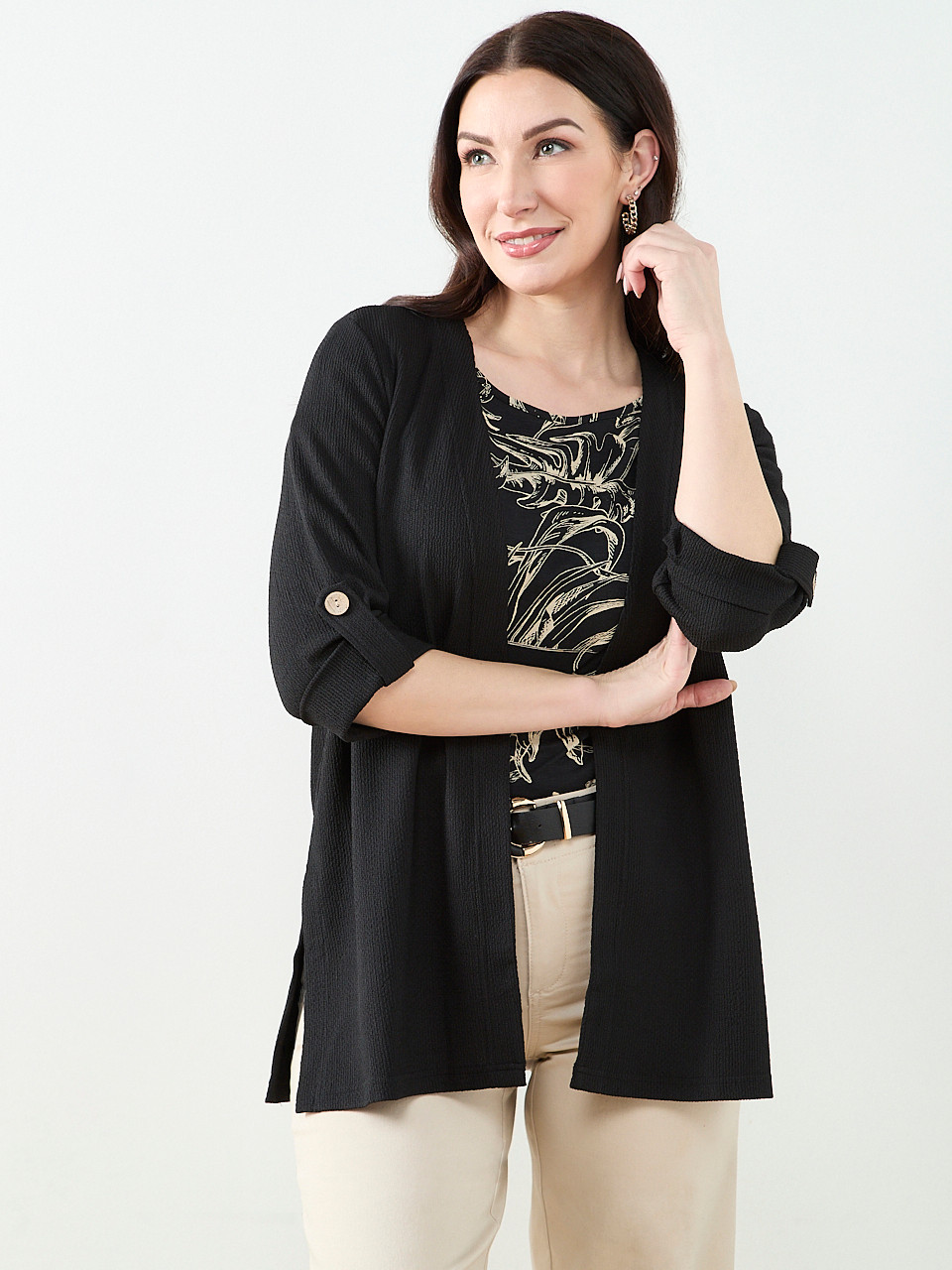 トップス CABLE CARDIGAN abyts 3 black Tabbed 3/4 Sleeve Cardigan in Black | Cleo