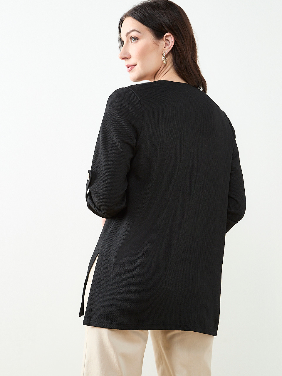 Tabbed 3/4 Sleeve Cardigan in Black